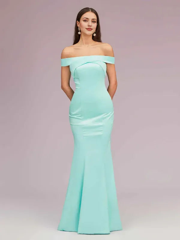 Robe de soirée sexy en satin doux, épaules dénudées, sans manches, style sirène, trompette, couleur unie 