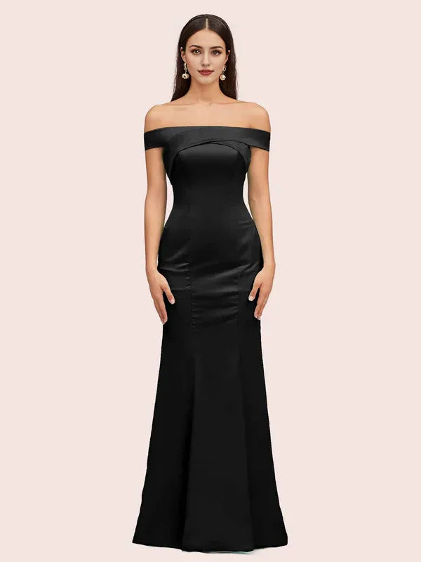 Robe de soirée sexy en satin doux, épaules dénudées, sans manches, style sirène, trompette, couleur unie 