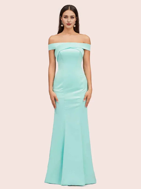 Robe de soirée sexy en satin doux, épaules dénudées, sans manches, style sirène, trompette, couleur unie 