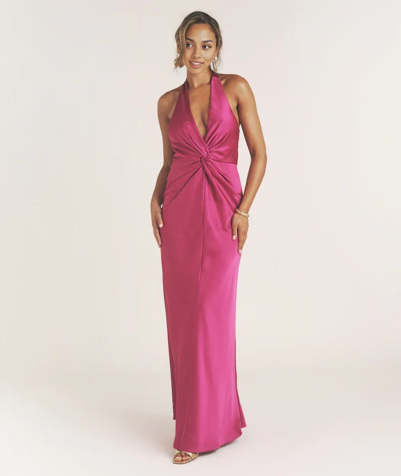Robe Weitese sexy décolleté plongeant, détail nœud, robe longue sans manches, fuchsia, colonne torsadée, robe de bal dos nu 