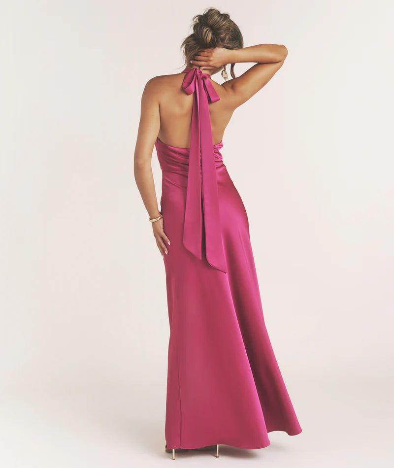 Robe Weitese sexy décolleté plongeant, détail nœud, robe longue sans manches, fuchsia, colonne torsadée, robe de bal dos nu 