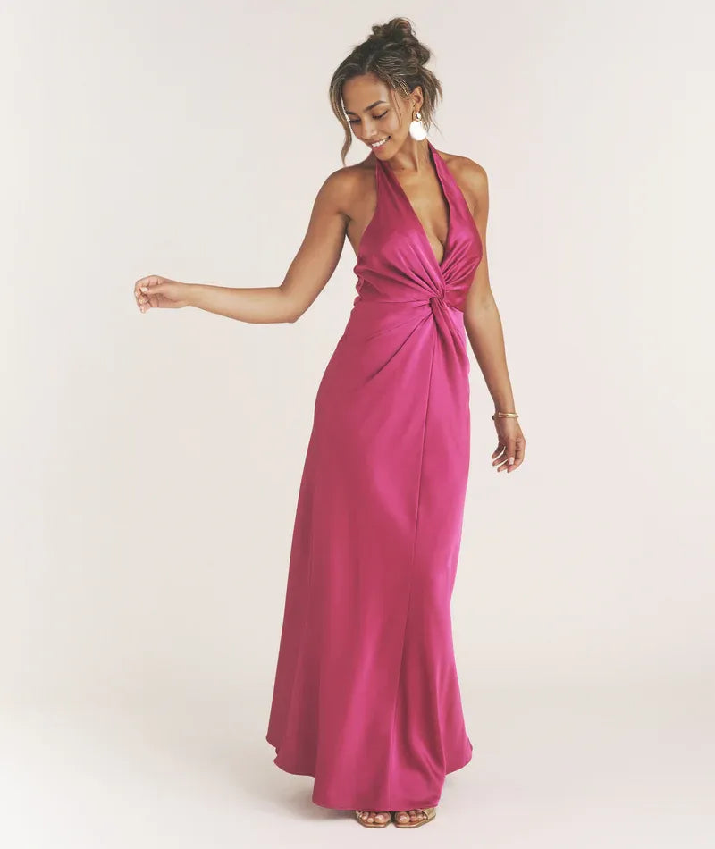 Vestido Weitese sexy con escote pronunciado y detalle de nudo, sin mangas, vestido largo fucsia con columna torcida y espalda descubierta. 