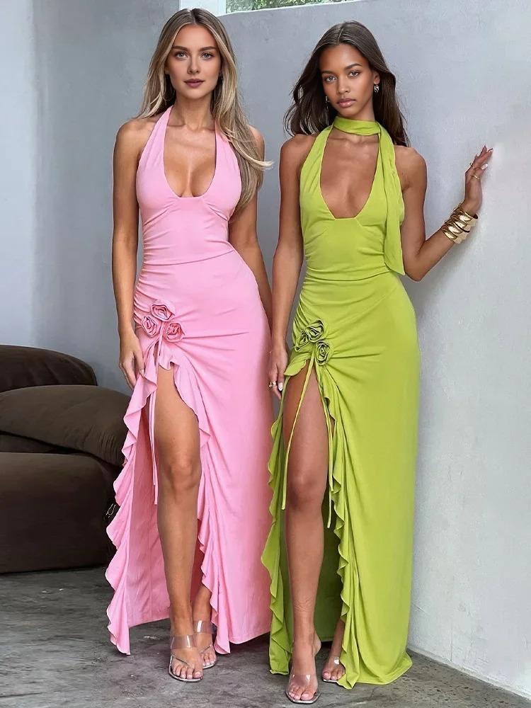 Robe Weitese Sexy à Volants Fendue Longues Robes Tenues de Vacances Femme Robe d'Été Rose Vert Élégante Robe de Soirée Robe de Bal 