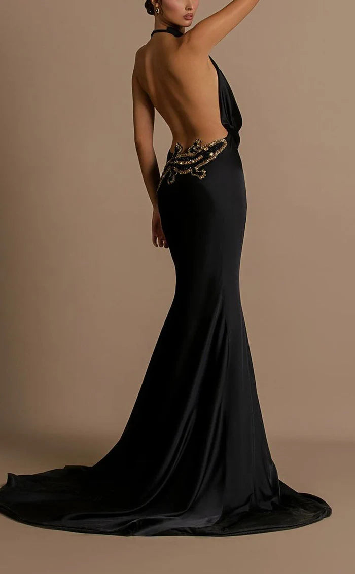 Weitese Dress Sexy Satin Trumpt Halter Empire Open Back Beaded Appliques With Train Party Evening Dress Prom Dress