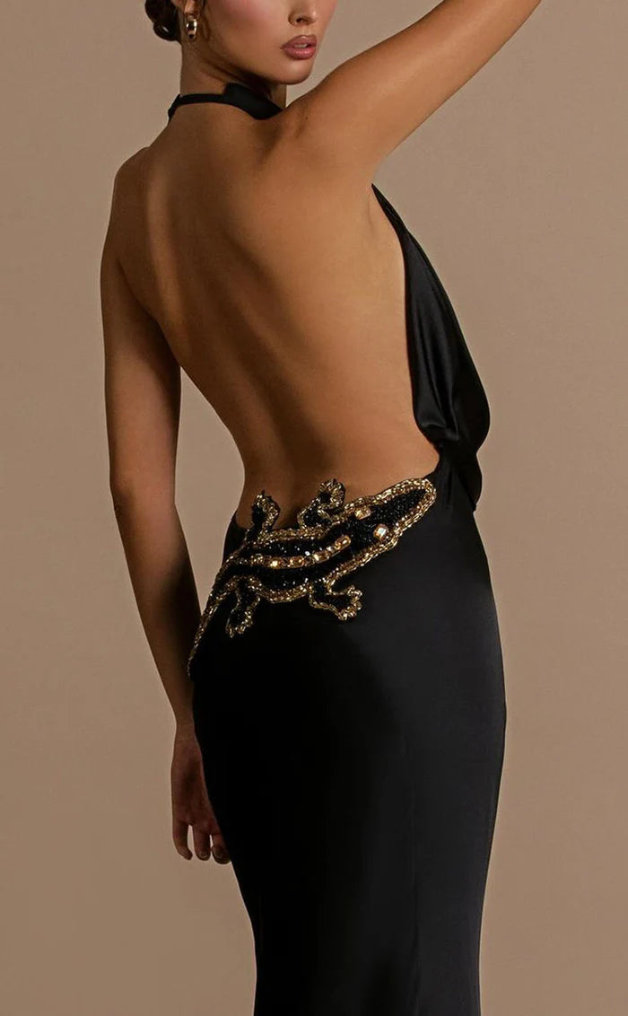 Weitese Dress Sexy Satin Trumpt Halter Empire Open Back Beaded Appliques With Train Party Evening Dress Prom Dress
