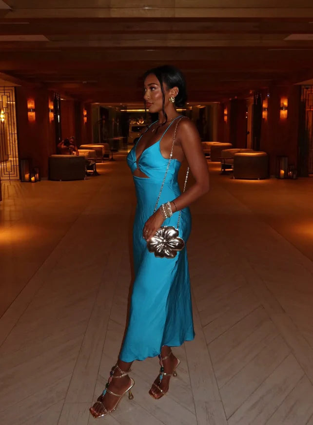 Weitese Dress Sexy Sheath Spaghetti Strap Blue Satin Prom Dress Evening Dress Party Dress