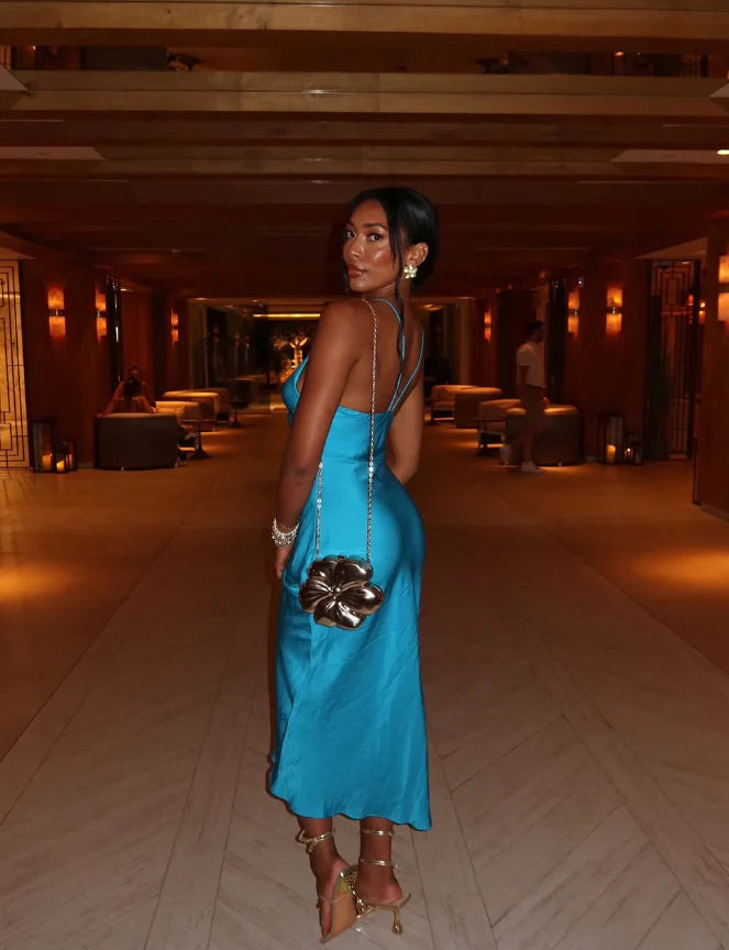 Weitese Dress Sexy Sheath Spaghetti Strap Blue Satin Prom Dress Evening Dress Party Dress