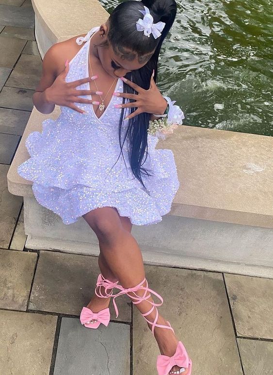 Vestido corto sexy blanco Weitese con lentejuelas, rosa y negro, para fiesta, sin espalda, para mujer 