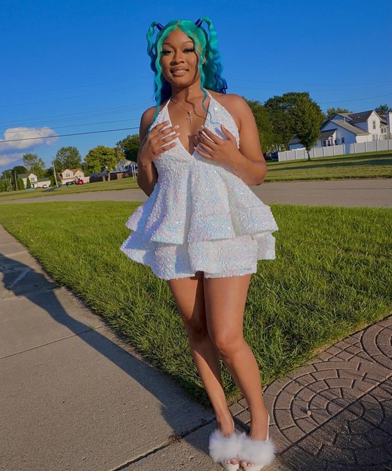 Vestido corto sexy blanco Weitese con lentejuelas, rosa y negro, para fiesta, sin espalda, para mujer 