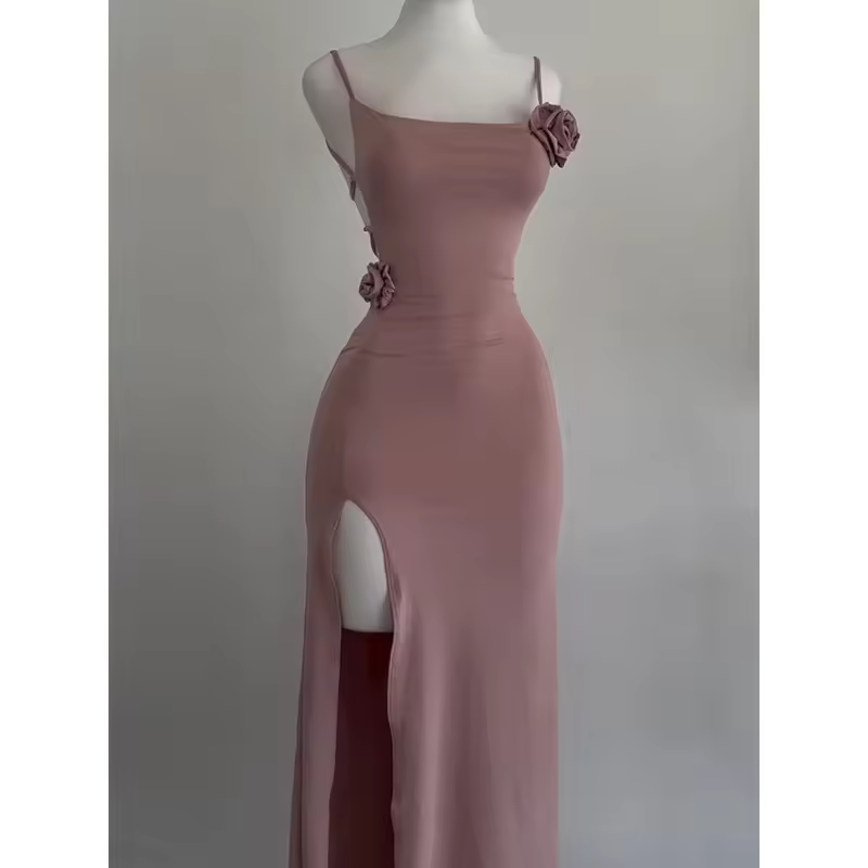 Weitese Dress Sexy Sleeveless Slit Dress Openwork Elegant Three-dimensional Rose Slim Dress Summer Fashion Ladies Party Club Vestidos Prom Dress