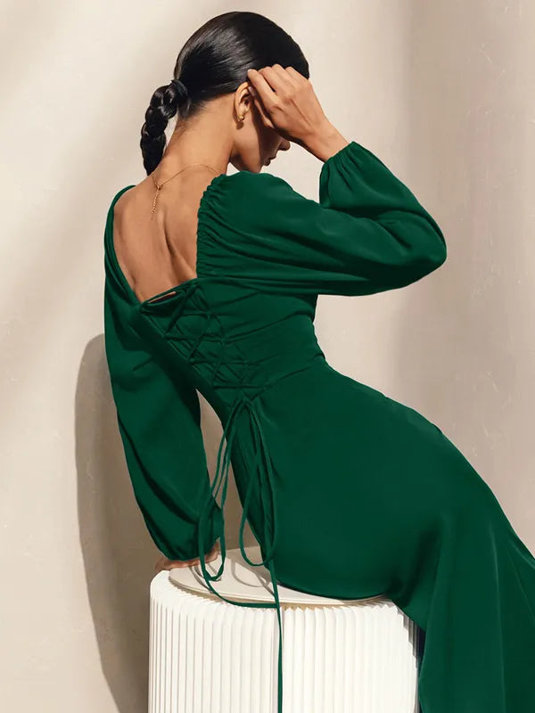 Weitese Dress Sexy Slit Dress Square Neck Lace-up Backless Birthday Party Prom Midi Dresses