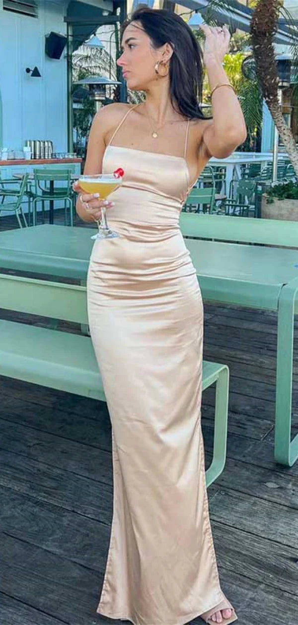 Weitese Dress Sexy Spaghetti Strap Sleeveless Mermaid Satin Long Prom Dresses Party Dress