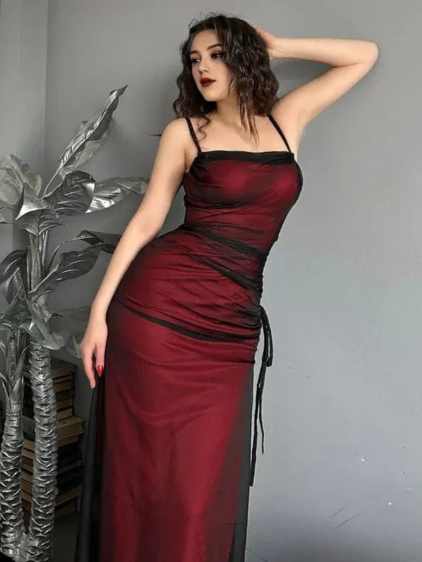 Vestido Weitese sexy con tirantes finos en rojo y negro, abertura lateral, vestido largo sin mangas, vestidos de fiesta 