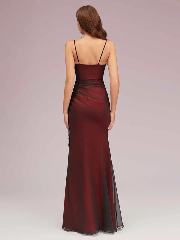 Robe longue sexy à bretelles spaghetti rouge et noire, fendue sur le côté, sans manches, robe de bal 