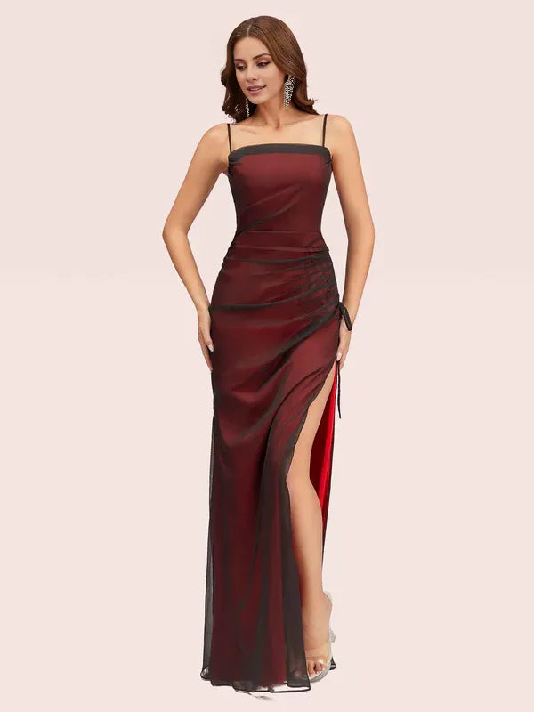 Robe longue sexy à bretelles spaghetti rouge et noire, fendue sur le côté, sans manches, robe de bal 