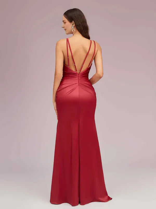 Robe de bal sexy en satin doux, dos nu, avec bretelles spaghetti, col en V, longueur au sol, fente latérale 