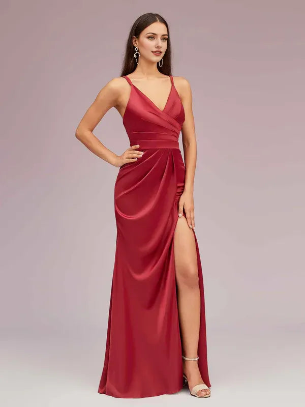 Robe de bal sexy en satin doux, dos nu, avec bretelles spaghetti, col en V, longueur au sol, fente latérale 