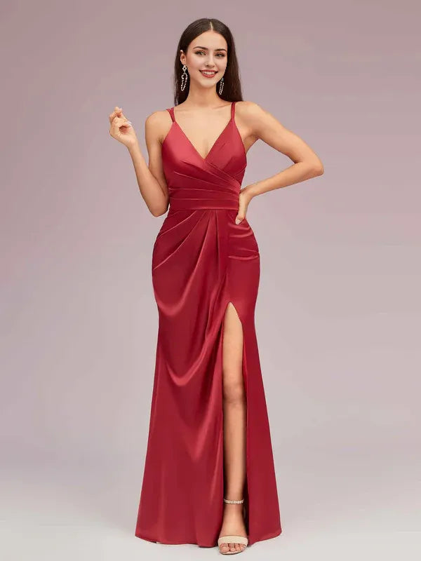 Robe de bal sexy en satin doux, dos nu, avec bretelles spaghetti, col en V, longueur au sol, fente latérale 