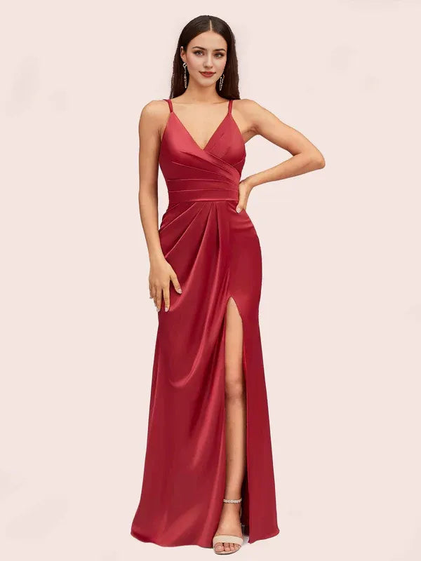 Robe de bal sexy en satin doux, dos nu, avec bretelles spaghetti, col en V, longueur au sol, fente latérale 