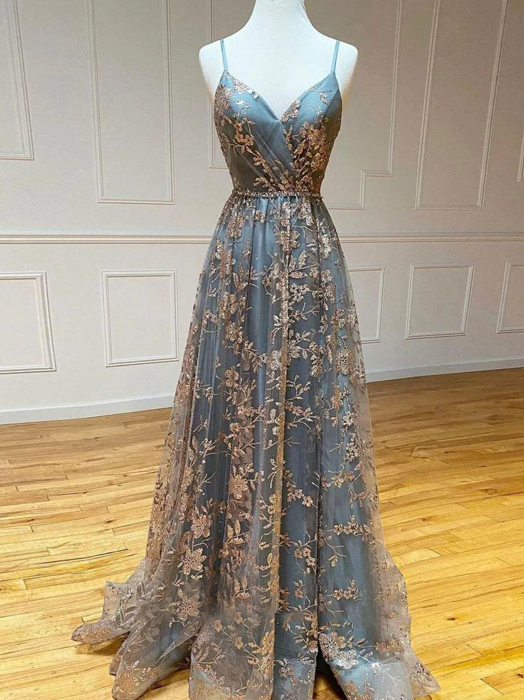 Robe Weitese sexy à bretelles spaghetti et col en V avec fente en dentelle, robe de bal longue, robe de soirée 