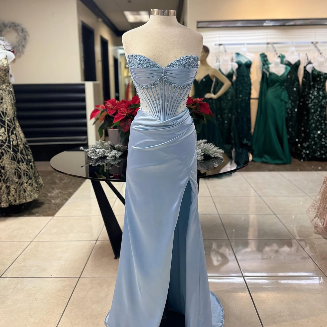 Vestido Weitese sexy sin tirantes, vestido de fiesta, ilusión simple, abertura lateral, corsé con cuentas, vestido de noche de línea A 