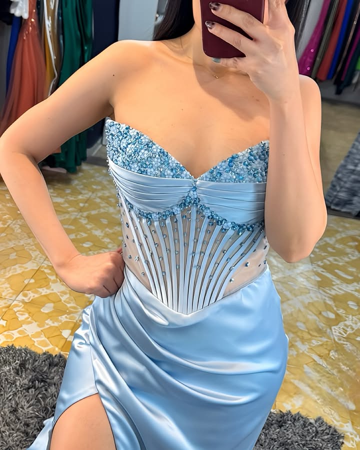 Vestido Weitese sexy sin tirantes, vestido de fiesta, ilusión simple, abertura lateral, corsé con cuentas, vestido de noche de línea A 