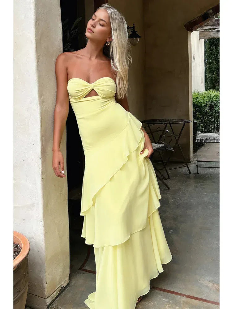 Robe longue sexy sans bretelles à volants ajourée pour femme, élégante, sans manches, moulante, tenue de soirée, de bal, de vacances 