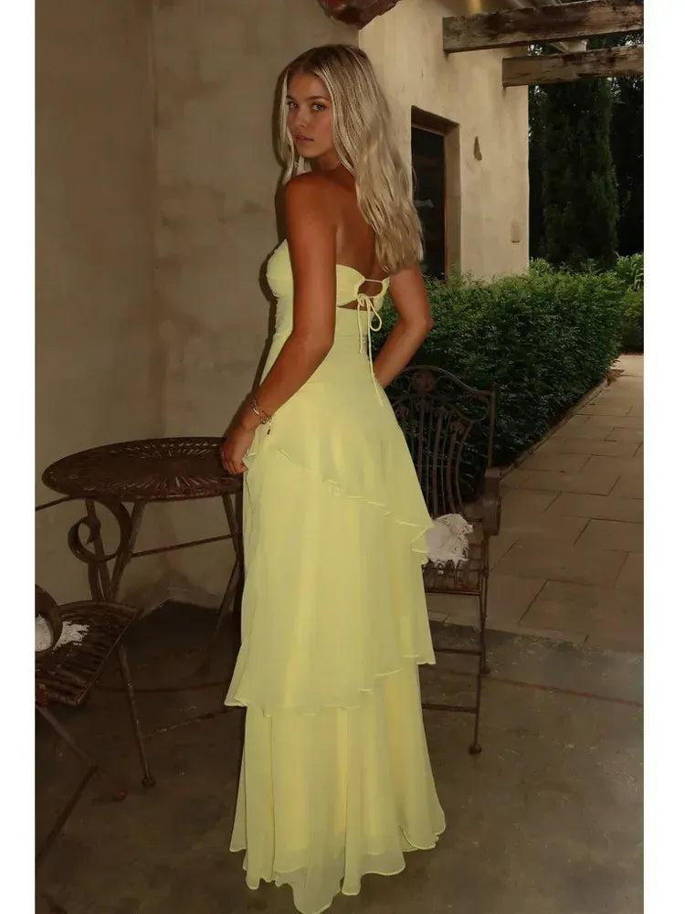 Robe longue sexy sans bretelles à volants ajourée pour femme, élégante, sans manches, moulante, tenue de soirée, de bal, de vacances 