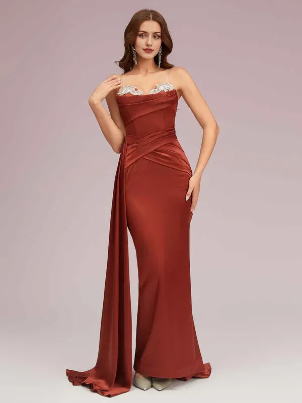 Robe Weitese sexy en satin doux, décolleté en cœur, sans bretelles, style sirène, robe de bal plissée 