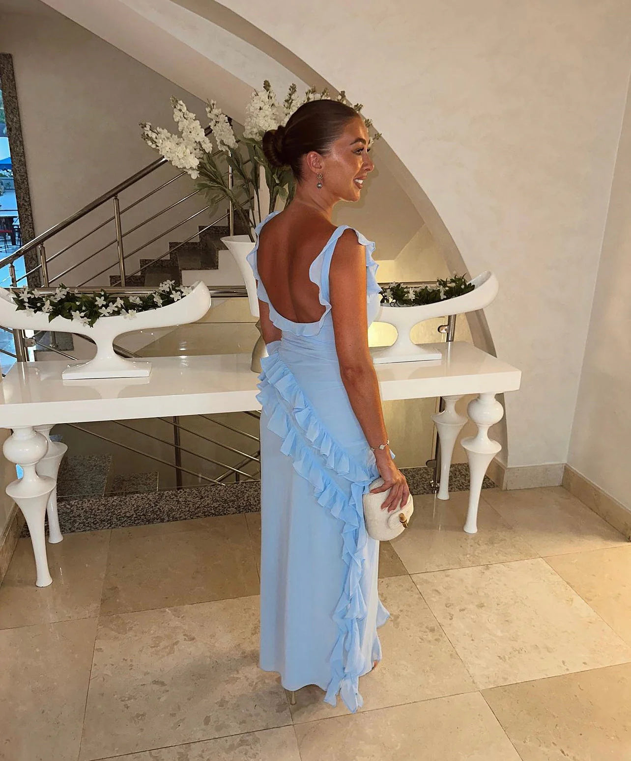 Weitese Dress Sexy Women's Ruffled Maxi Dress Sexy Slim Fit Tassel Sleeveless Backless Long Slit Dress Prom Dress