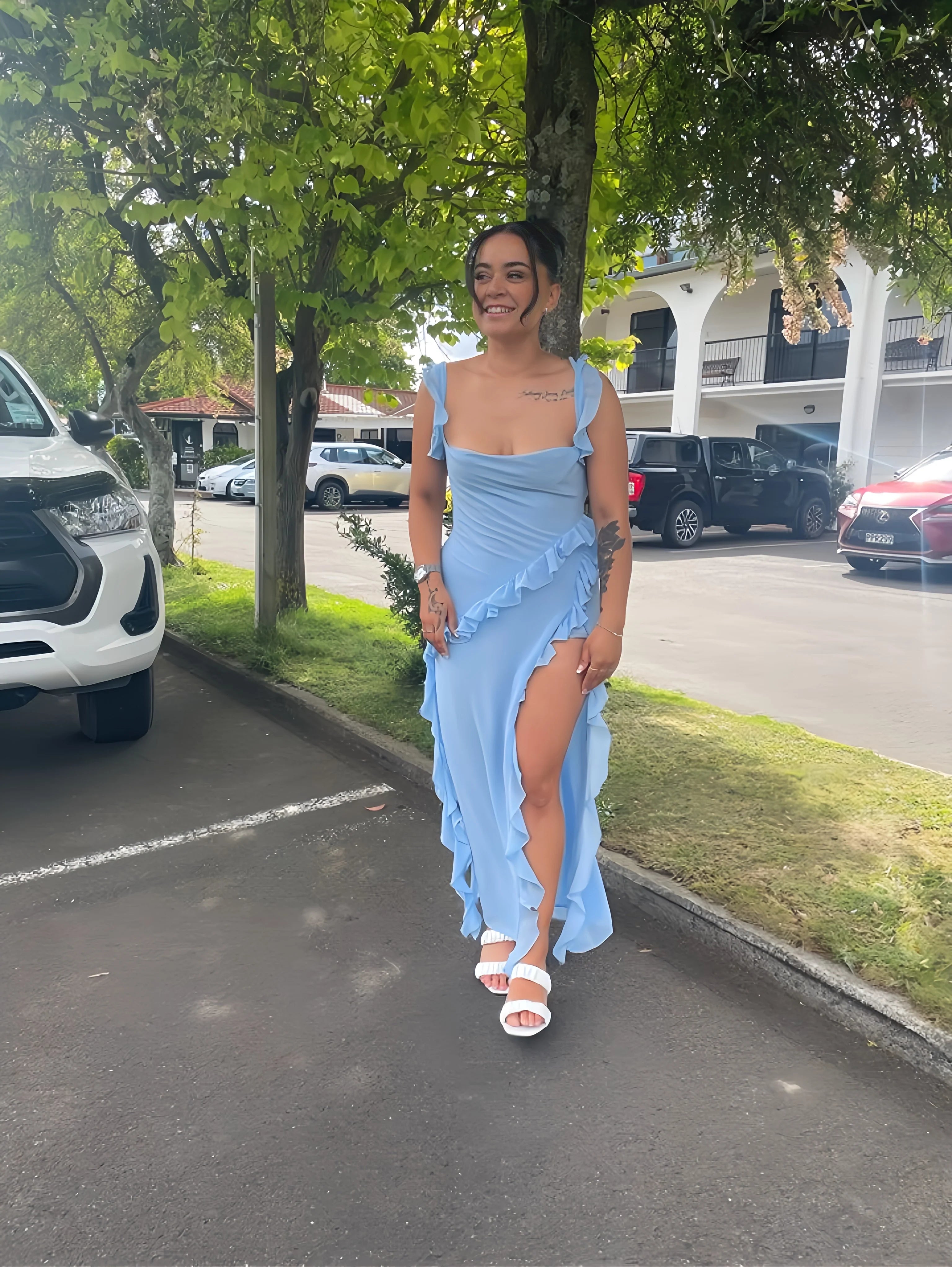 Weitese Dress Sexy Women's Ruffled Maxi Dress Sexy Slim Fit Tassel Sleeveless Backless Long Slit Dress Prom Dress