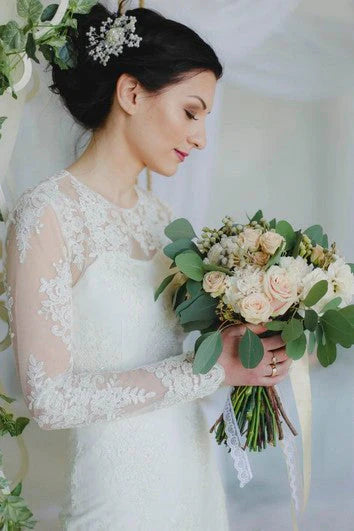 Weitese Dress Sheath Ankle-length Bride Dress With Illusion Lace Appliques And Split Back Wedding Dress