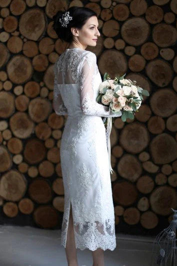 Weitese Dress Sheath Ankle-length Bride Dress With Illusion Lace Appliques And Split Back Wedding Dress
