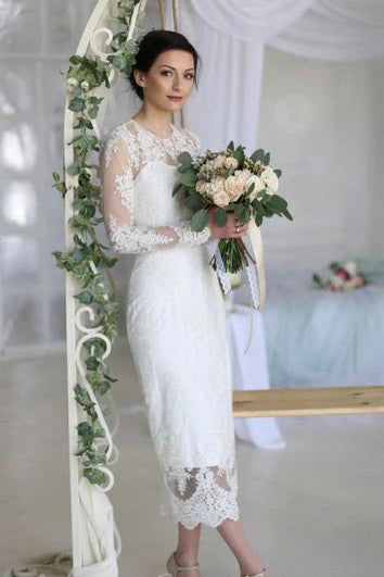 Weitese Dress Sheath Ankle-length Bride Dress With Illusion Lace Appliques And Split Back Wedding Dress