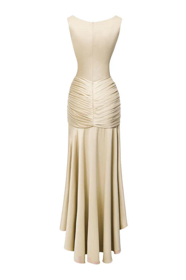 Weitese Dress Sheath Asymmetric Satin Pleats Maxi Dress Sleeveless Elegant Back Full Coverage Prom Dress