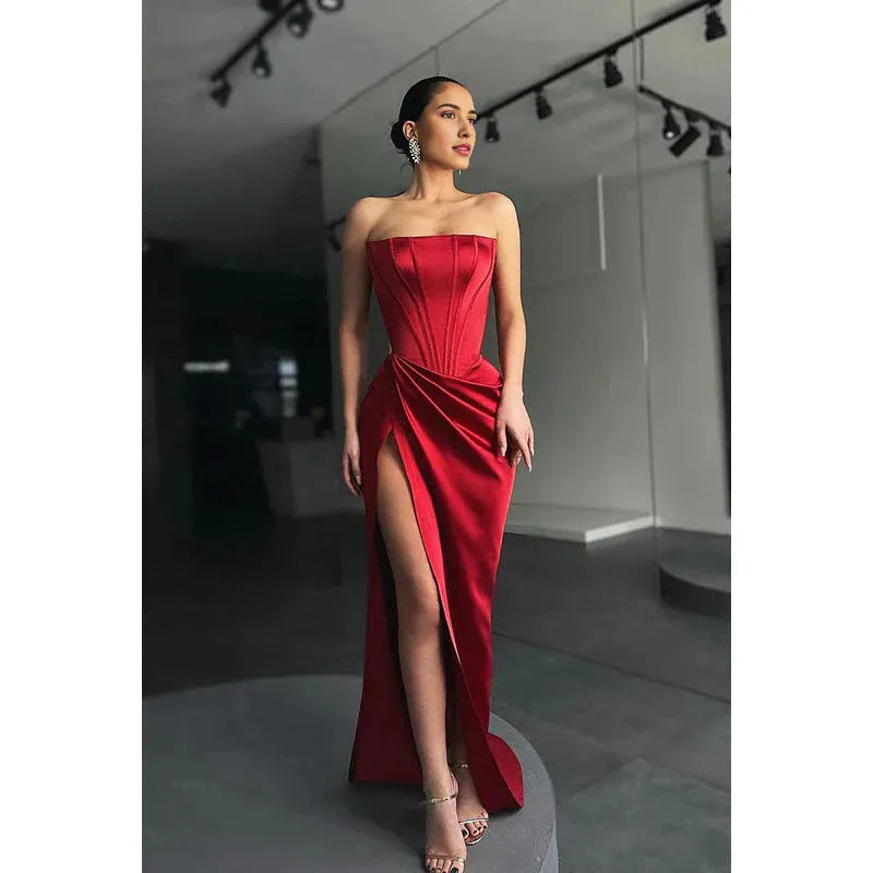 Vestido Weitese de satén fruncido, con corte en forma de columna, sin tirantes, para fiesta de graduación y noche. 