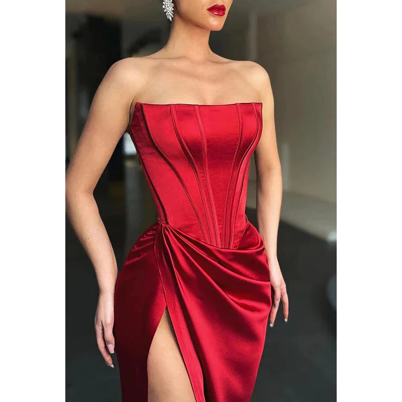 Weitese Dress SheathColumn Strapless Ruched Satin Split Prom Evening Formal Dress Party Dress