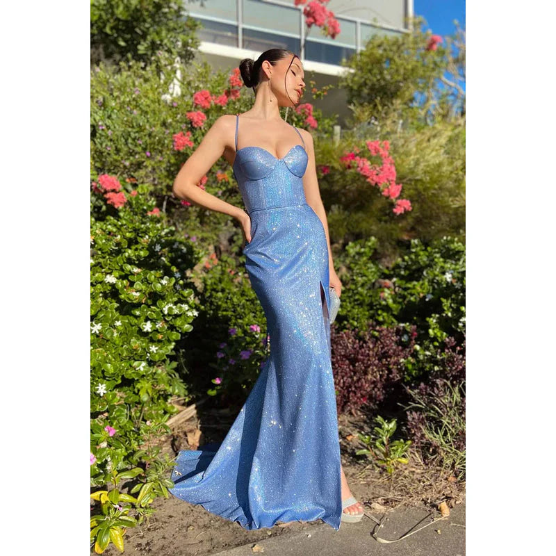 Vestido Weitese con escote en forma de corazón, lentejuelas, abertura, sin mangas, para fiesta de graduación 