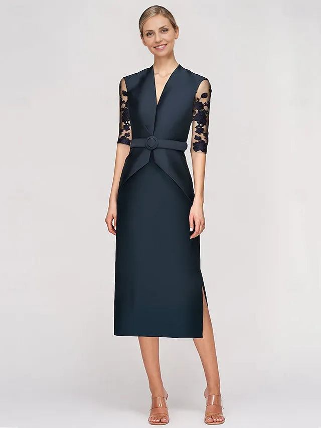 Weitese Dress Sheath Dress Tuxedo Dress Elegant V Neck Ankle Length Satin Half Sleeve With Lace Solid Color Mother of the Bride Dress