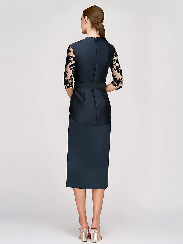 Weitese Dress Sheath Dress Tuxedo Dress Elegant V Neck Ankle Length Satin Half Sleeve With Lace Solid Color Mother of the Bride Dress