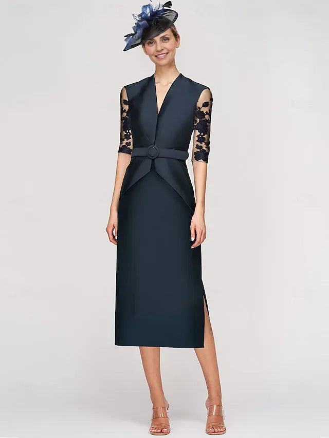 Weitese Dress Sheath Dress Tuxedo Dress Elegant V Neck Ankle Length Satin Half Sleeve With Lace Solid Color Mother of the Bride Dress
