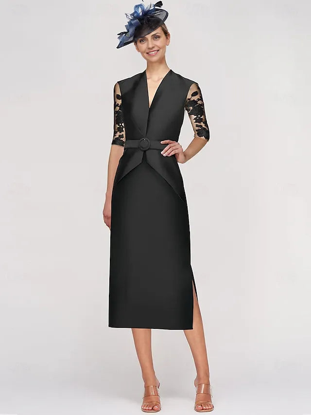 Weitese Dress Sheath Dress Tuxedo Dress Elegant V Neck Ankle Length Satin Half Sleeve With Lace Solid Color Mother of the Bride Dress