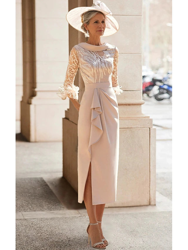 Weitese Dress Sheath Elegant Simple High Neck Tea Length 3/4 Length Sleeve With Feather Lace Pleats Mother of the Bride Dress