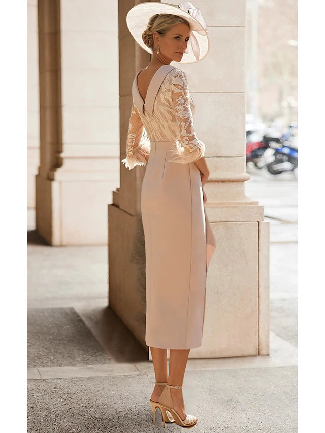 Weitese Dress Sheath Elegant Simple High Neck Tea Length 3/4 Length Sleeve With Feather Lace Pleats Mother of the Bride Dress