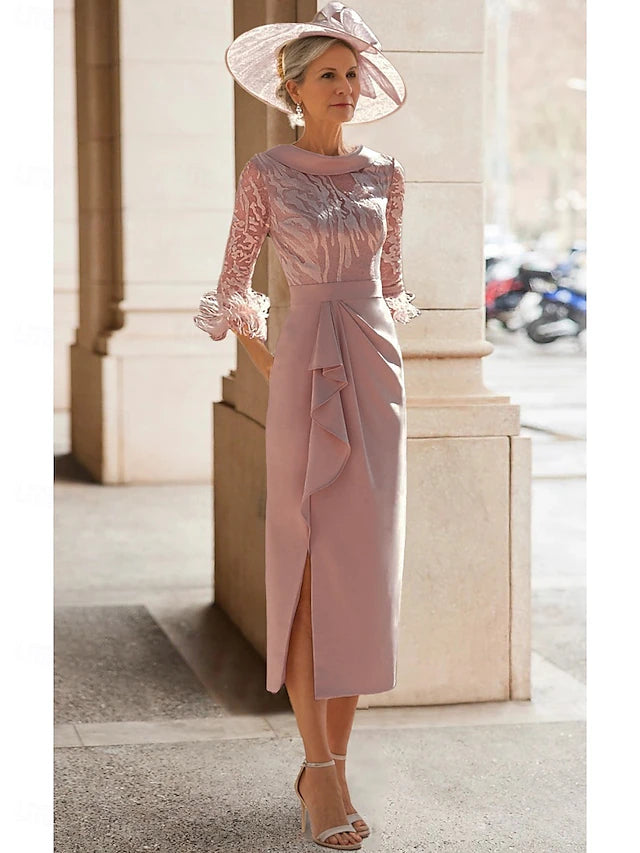 Weitese Dress Sheath Elegant Simple High Neck Tea Length 3/4 Length Sleeve With Feather Lace Pleats Mother of the Bride Dress