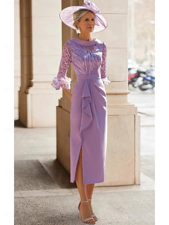 Weitese Dress Sheath Elegant Simple High Neck Tea Length 3/4 Length Sleeve With Feather Lace Pleats Mother of the Bride Dress