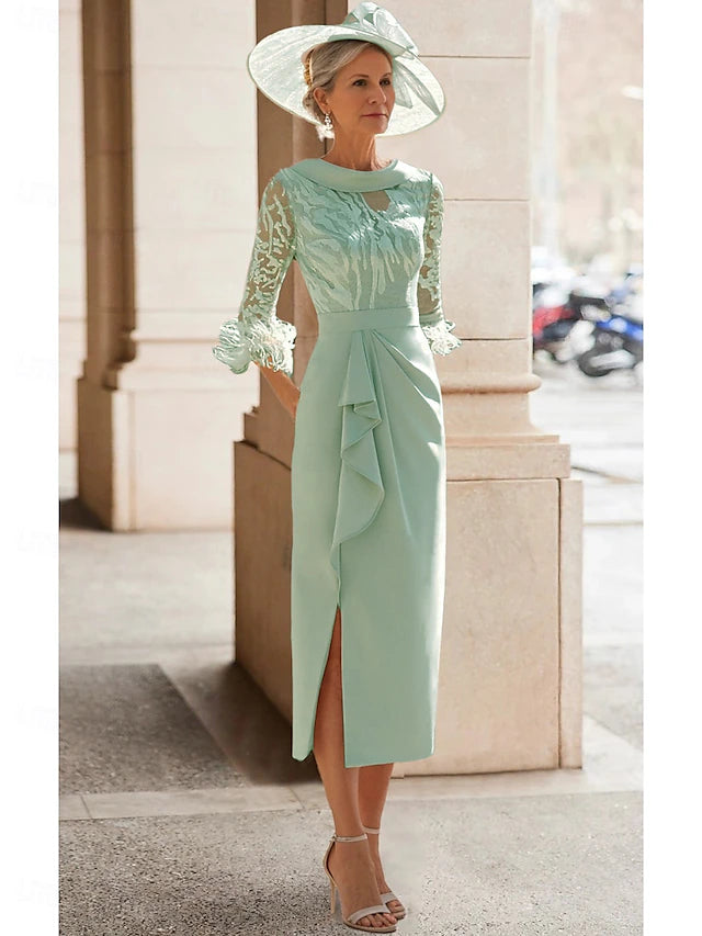 Weitese Dress Sheath Elegant Simple High Neck Tea Length 3/4 Length Sleeve With Feather Lace Pleats Mother of the Bride Dress