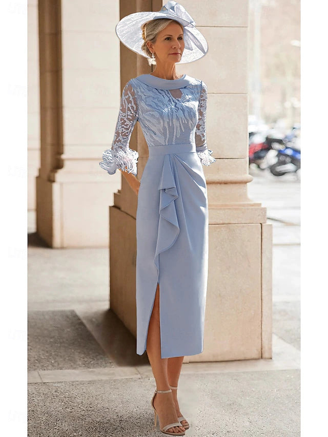 Weitese Dress Sheath Elegant Simple High Neck Tea Length 3/4 Length Sleeve With Feather Lace Pleats Mother of the Bride Dress
