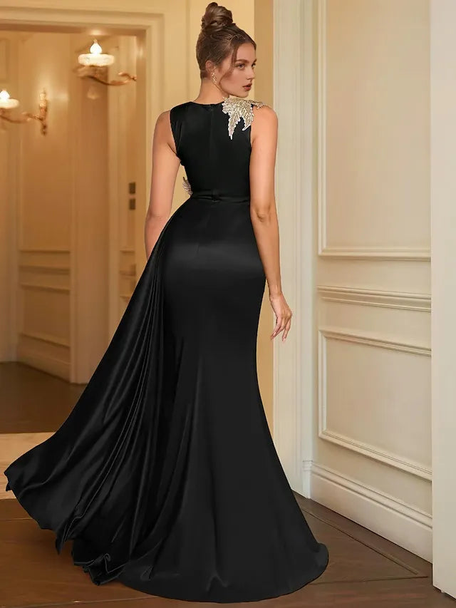 Weitese Dress Sheath Evening Dress Elegant Formal Floor Length Sleeveless Jewel Neck Satin With Embroidery