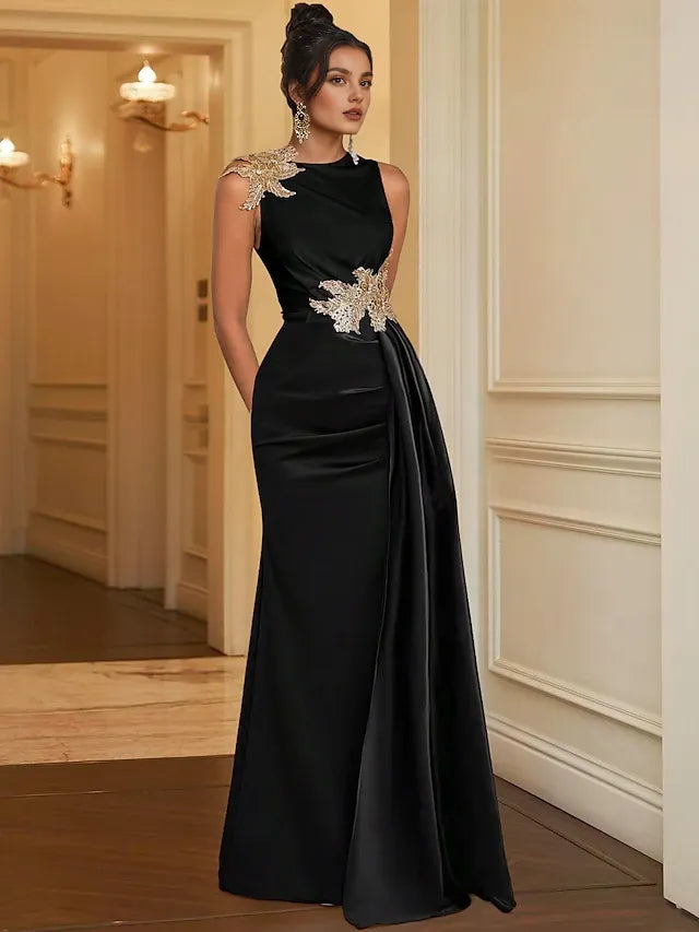 Weitese Dress Sheath Evening Dress Elegant Formal Floor Length Sleeveless Jewel Neck Satin With Embroidery